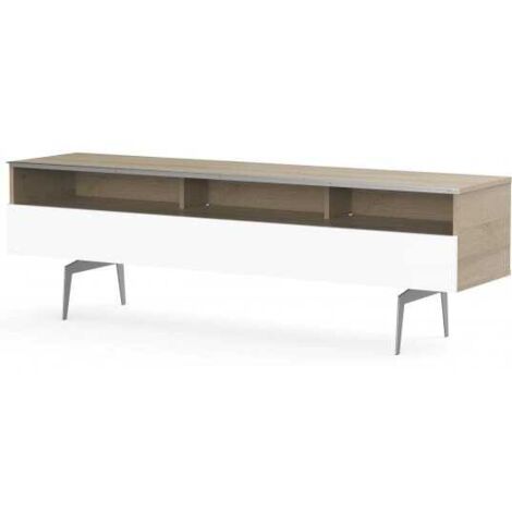 Meuble TV 3 niches 1 porte bois clair et blanc pieds métal Fremantle 160 cm