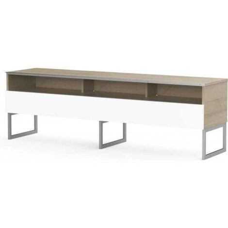 Meuble TV 3 niches 1 porte bois clair et blanc pieds métal Messina 160cm