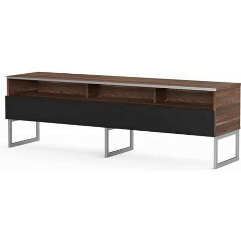 Meuble TV 3 niches 1 porte bois foncé et noir pieds métal Genova 160cm