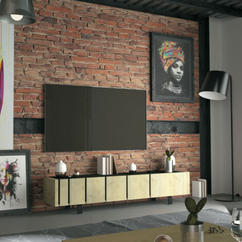 Meuble TV 3 portes 190x40,5x41,5 cm chêne et noir - SOREN