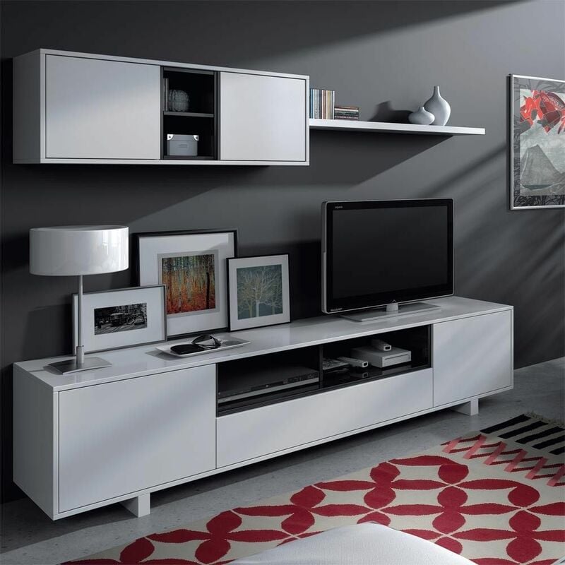 Belus bibliothèque salon meuble salle à manger 200 cm (largeur) x 46 cm (hauteur) x 41 cm (profondeur) - Blanc Brillant - gris gu