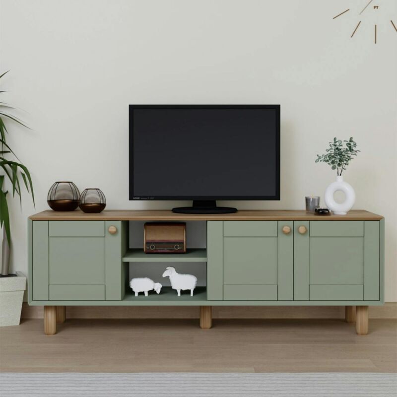 Meuble TV 3 portes vert sauge et plateau effet chêne VAREN