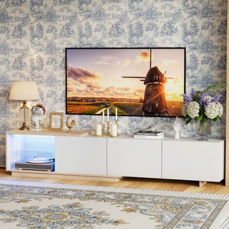 Meuble TV - 3 tiroirs à poussoir - 180 cm, Bande lumineuse LED tricolore activée par induction - Finition bois - trou de collecte de fil - Blanc