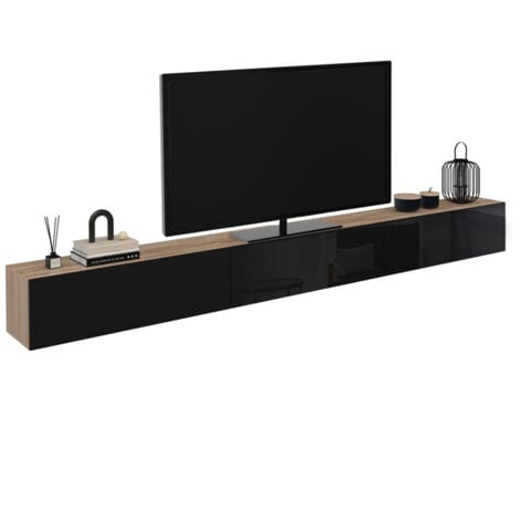 IDMARKET Meuble TV 300 cm suspendu ELIO 3 portes bois et noir