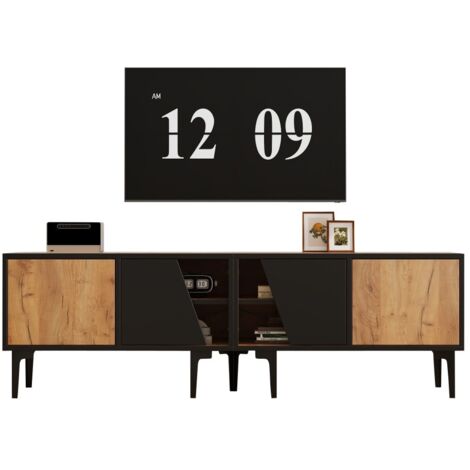 Meuble TV 4-Compartiments-Bas-7 Pieds-Design Moderne-Minimaliste-65 Pouces-Couleur Bois Naturel-160x36,5x45cm