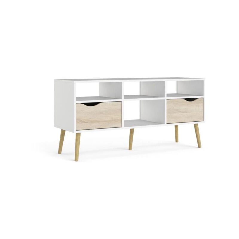 Tvilum - Meuble tv - 4 niches 2 tiroirs - Blanc / Chene - 117,2 x 39,1 x 57,4 cm