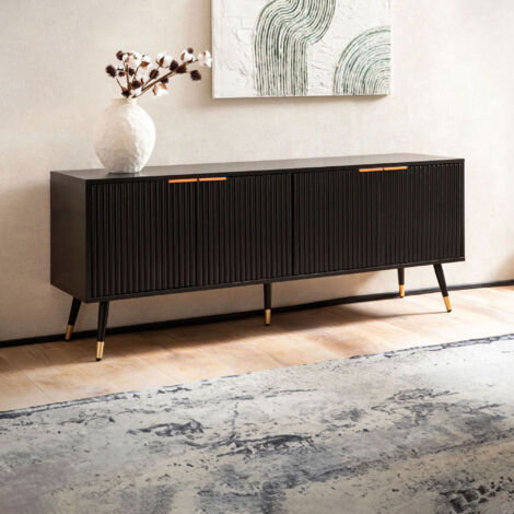 Meuble TV 4 portes 150x39x60 cm noir et doré - FREDZA