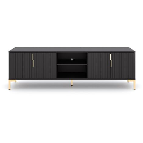 Meuble TV 4 portes 2 niches 165 cm noir et naturel - FLINA