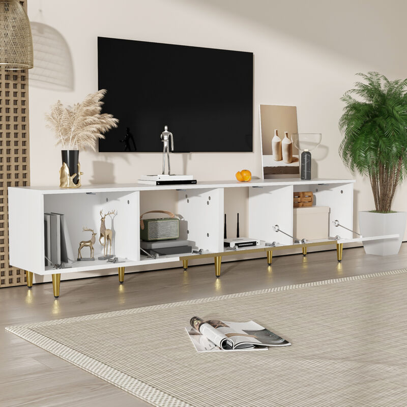 Meuble tv - 4 portes (2 portes vitrées) - 170x33x40cm, à poser ou à fixer au mur, meuble de salon, blanc