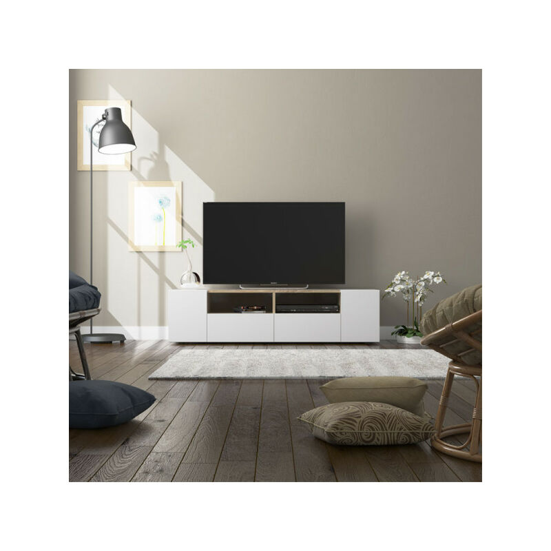 Dansmamaison - Meuble TV 4 portes Blanc/Chêne - MIKATO - L 138 x l 42 x H 36 cm - Blanc