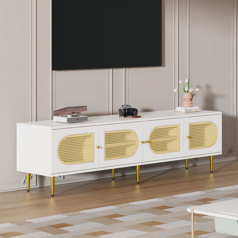 Meuble tv 4 portes en rotin,Commode tv 180x40x50cm pour télé jusqu'à 80'-6 Compartiments de rangement,étagères réglables,Blanc