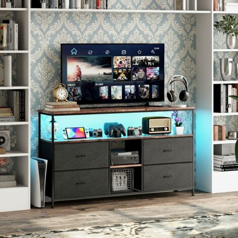 Meuble TV - 4 tiroirs - Éclairage LED 9 modes - 108 cm - Panneau imitation bois - Structure en métal - Pieds réglables - industriel - Noir