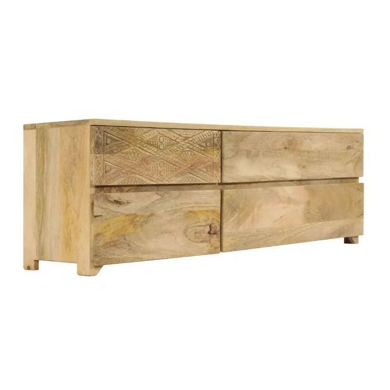 Les Tendances – Meuble TV manguier massif clair avec 4 tiroirs – Détails sculptés – Ambiance chaleureuse et exotique – Rangement optimisé Les Tendances – Meuble TV manguier massif clair avec 4 tiroirs – Détails sculptés – Ambiance chaleureuse et exotique – Rangement optimisé