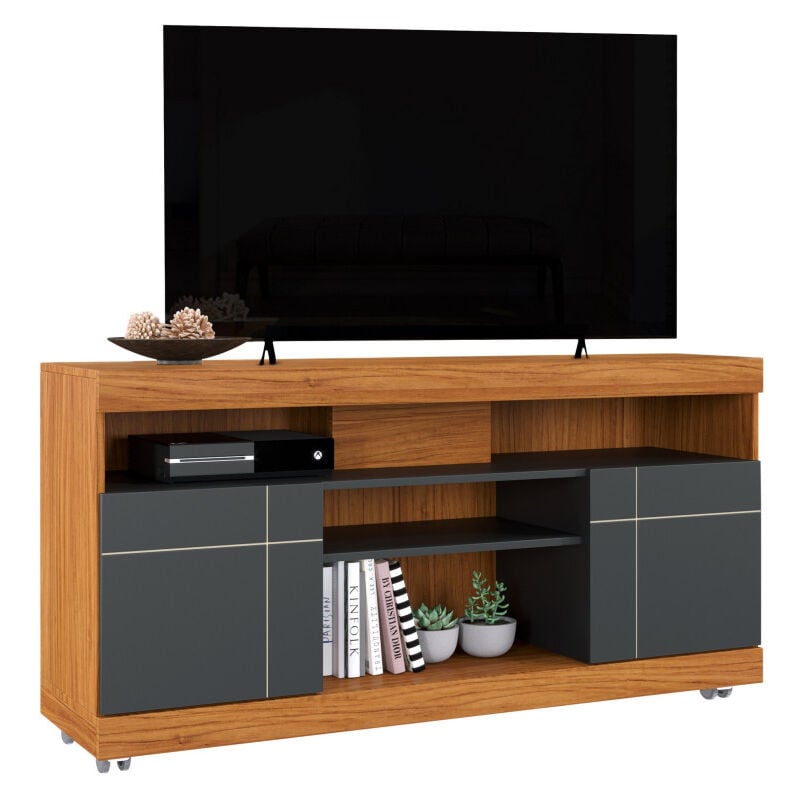 Meuble tv 47 Pouces Chêne et Anthracite 2 Portes 5 Niches Roulettes l 136 h 69.8 p 37.4 cm