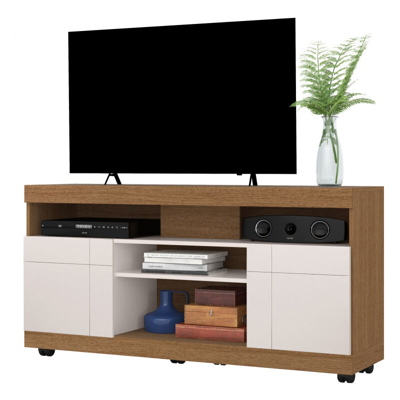 Beaux Meubles Pas Chers - Meuble tv 47 Pouces Chêne et Blanc 2 Portes 5 Niches Roulettes l 136 h 69.8 p 37.4 cm