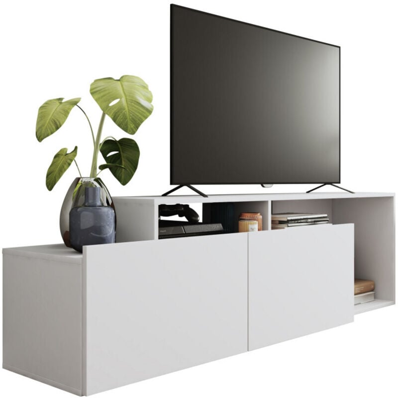 Beaux Meubles Pas Chers - Meuble tv 50 Pouces 2 Abattants Blanc 6 Niches l 164 h 46.5 p 37.5 cm