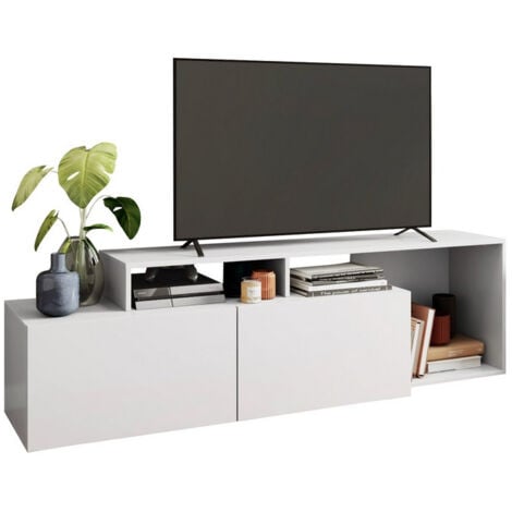 BEAUX MEUBLES PAS CHERS Meuble TV 50 Pouces 2 Abattants Blanc 6 Niches L 164 H 46.5 P 37.5 cm