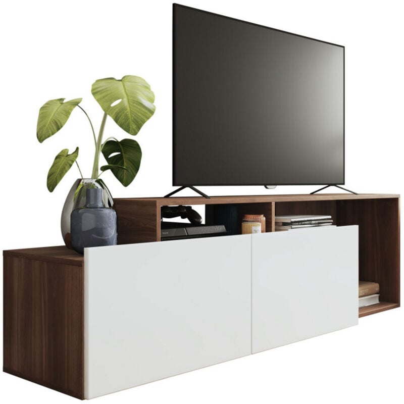 Meuble TV 50 Pouces 2 Abattants Blanc et Châtaignier L 164 H 46.5 P 37.5 cm