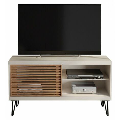 BEAUX MEUBLES PAS CHERS Meuble TV 50 Pouces Blanc et Chêne 1 Porte 3 Niches Pieds Métal L 120 H 65 P 33 cm