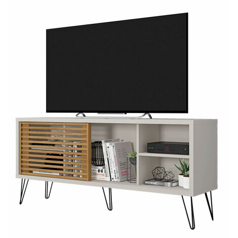 Meuble TV 55 Pouces Pieds Métal Blanc Ecru Chêne L 136 H 62 P 36 cm