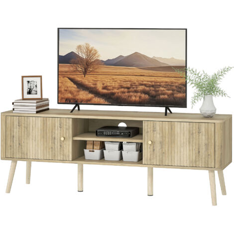 Meuble TV 65 pouces, 2 portes, 2 niches ouvertes, étagère ajustable, 140x35x49cm, chêne