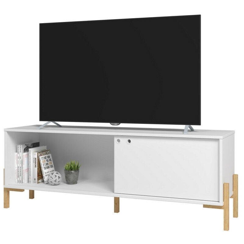 Meuble TV 65 Pouces Blanc 1 Porte Coulissante 2 Niches