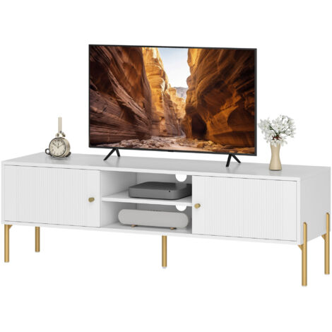 Meuble TV 65 pouces blanc 140x38x45,9cm avec 2 portes, 2 niches ouvertes, pieds acier