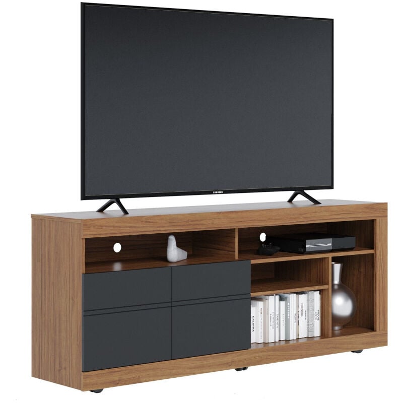 Meuble tv 65 Pouces Chêne et Anthracite 2 Portes 6 Niches Roulettes l 160 h 68 p 37.4 cm