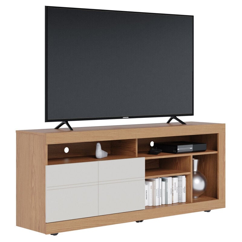 Meuble tv 65 Pouces Chêne et Blanc 2 Portes 6 Niches Roulettes l 160 h 68 p 37.4 cm