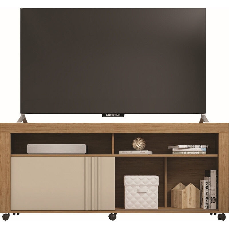 Meuble TV 65 Pouces Chêne Blanc 6 Niches Roulettes L 160 H 70 P 33.6 cm