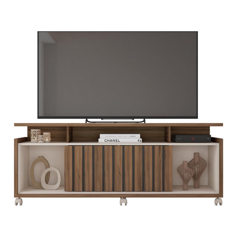 Meuble tv 65 Pouces Noyer et Blanc 7 Niches 6 Roulettes l 160 h 63.4 p 38 cm