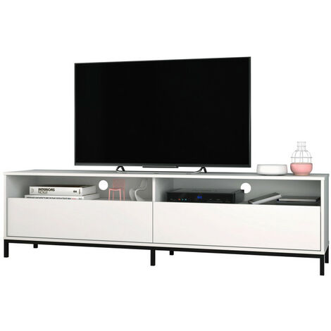 Meuble TV 70 Pouces 2 Abattants 4 Niches Blanc Pieds Métal L 180 H 49 P 38 cm