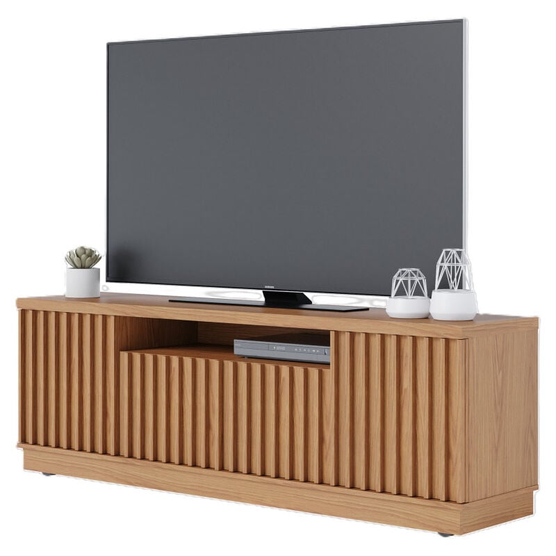 Meuble tv 70 Pouces Chêne 4 Portes 7 Niches 6 Roulettes l 180 h 61.4 p 42.8 cm