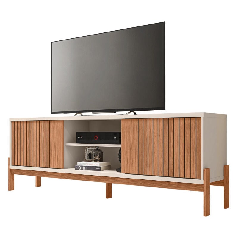 Meuble tv 72 Pouces Chêne et Blanc 2 Portes 4 Niches l 180.6 h 62.6 p 36 cm