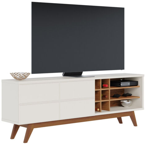 Meuble TV 75 Pouces Blanc et Chêne Pieds Bois 2 Portes 11 Niches L 180 H 64.2 P 36.5 cm