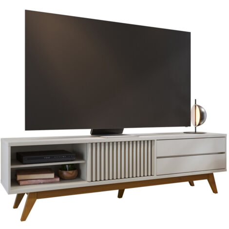 Meuble TV 75 Pouces Blanc Pieds Bois 1 Porte 2 Tiroirs 3 Niches L 200 H 55.2 P 37.7 cm