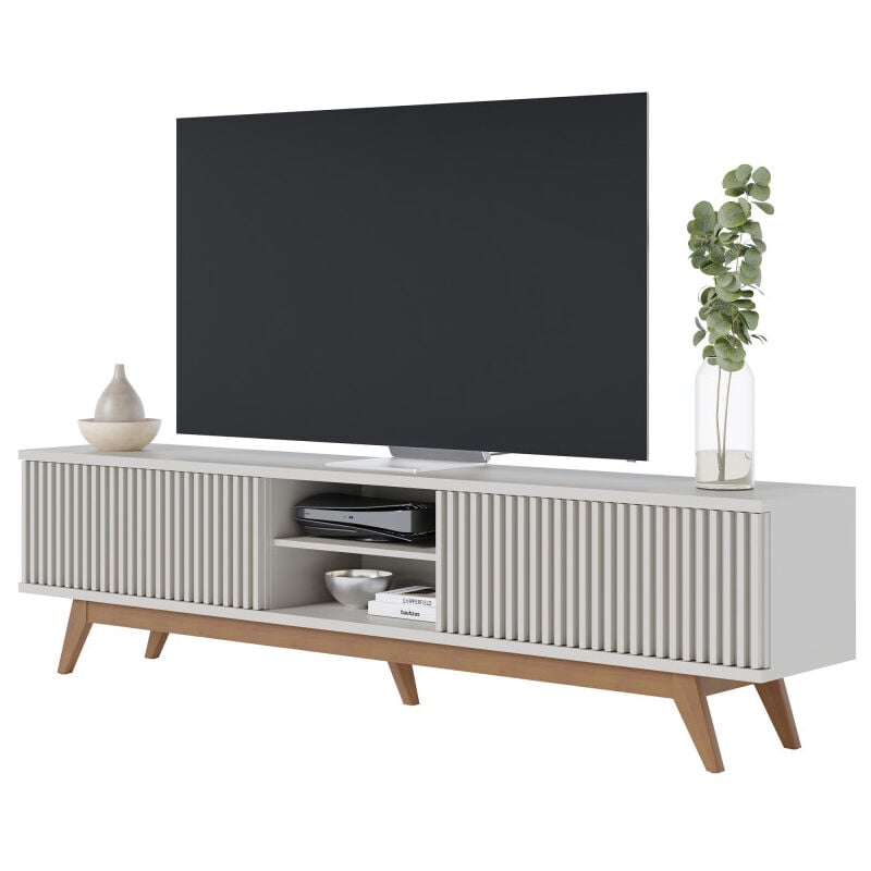 Meuble tv 75 Pouces Blanc Pieds Bois 4 Portes 8 Niches l 218 h 57 p 40 cm