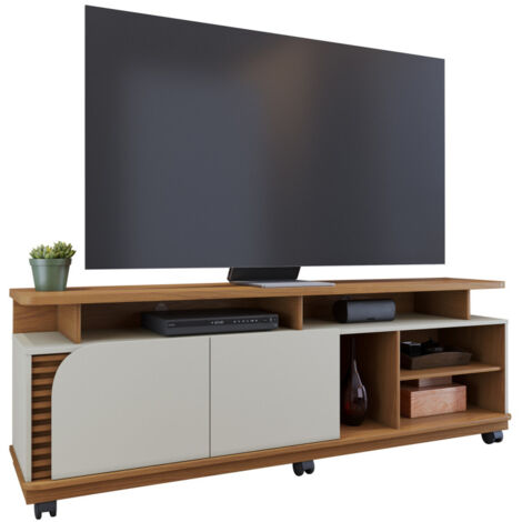 Meuble TV 75 Pouces Chêne et Blanc 2 Portes 9 Niches L 180 H 62 P 39.3 cm
