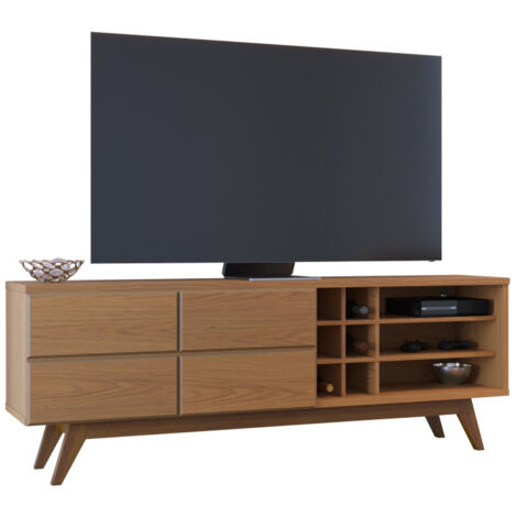 Meuble TV 75 Pouces Chêne Pieds Bois 2 Portes 11 Niches L 180 H 64.2 P 36.5 cm