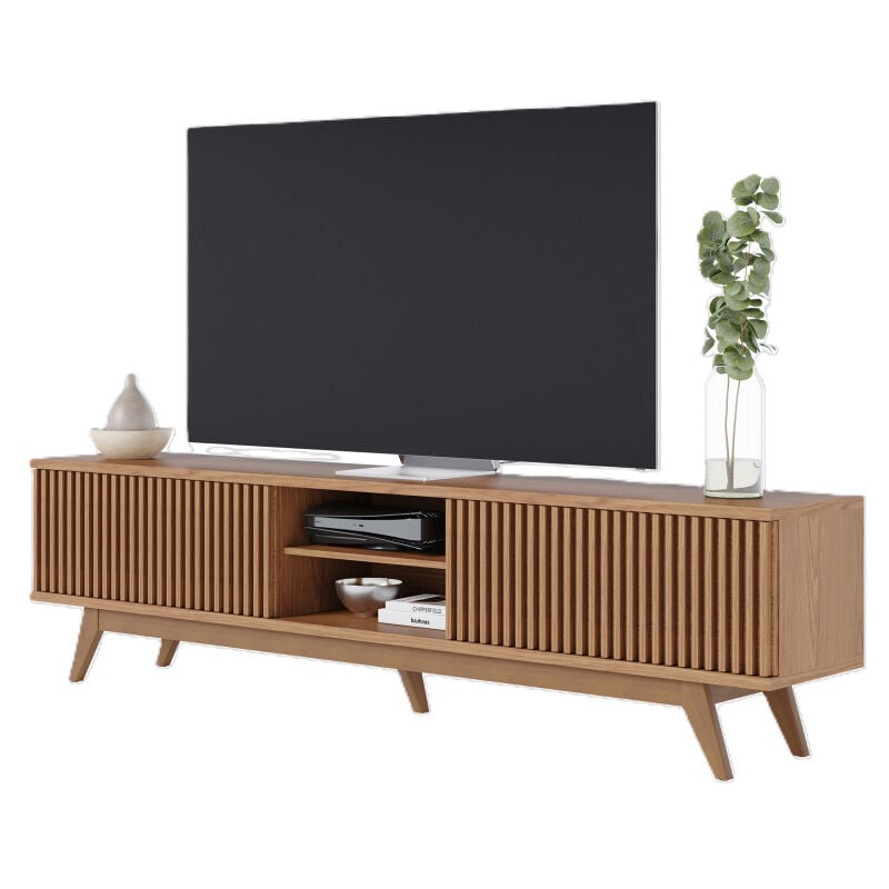 Meuble tv 75 Pouces Chêne Pieds Bois 4 Portes 8 Niches l 218 h 57 p 40 cm