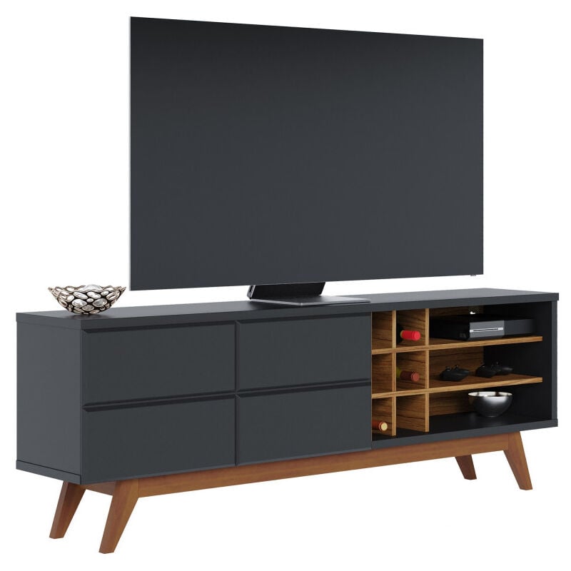 Meuble tv 75 Pouces Noir et Chêne Pieds Bois 2 Portes 11 Niches l 180 h 64.2 p 36.5 cm