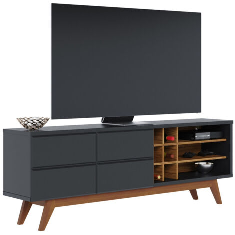 Meuble TV 75 Pouces Noir et Chêne Pieds Bois 2 Portes 11 Niches L 180 H 64.2 P 36.5 cm