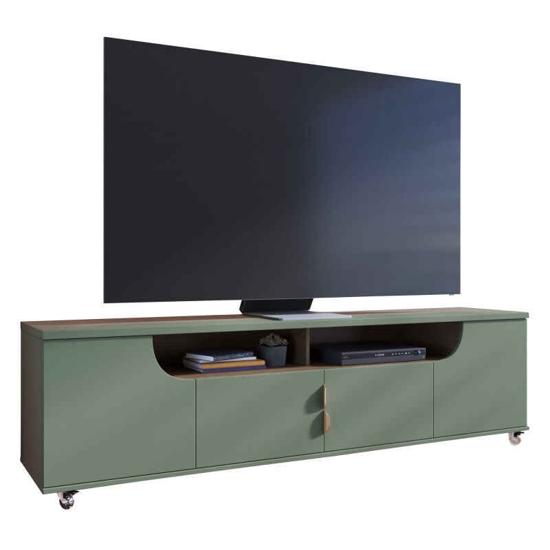 Meuble tv 75 Pouces Veret Olive et Chêne 4 Portes 8 Niches Roulettes l 200 h 55 p 38 cm