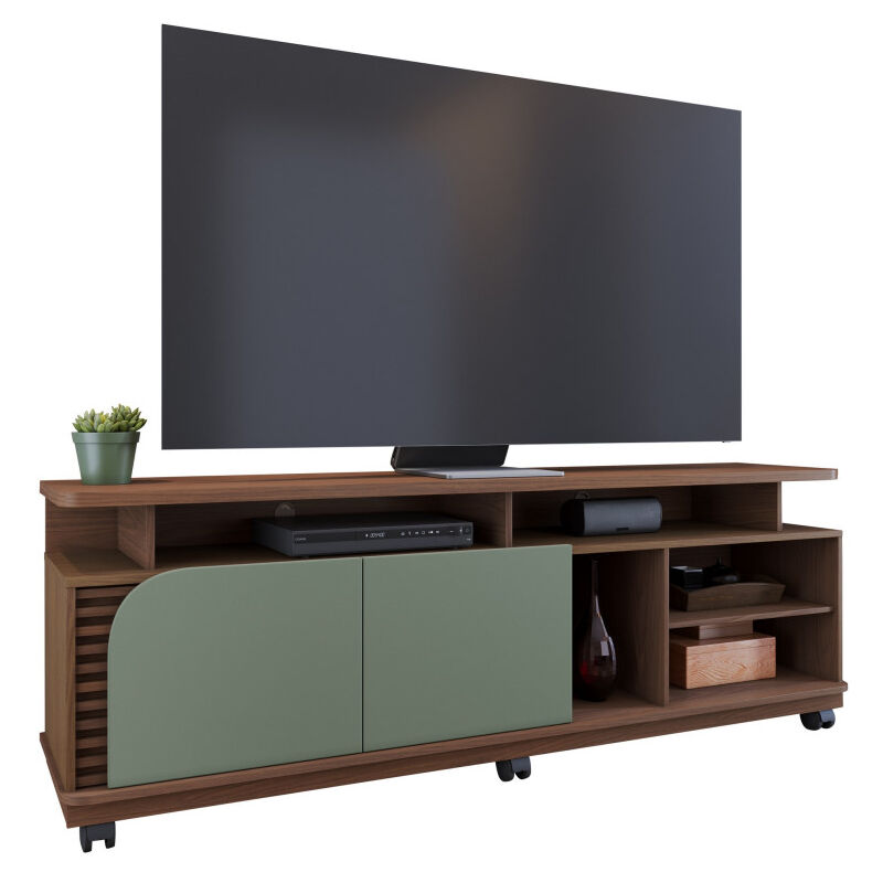 Meuble tv 75 Pouces Vert Olive et Chêne 2 Portes 9 Niches l 180 h 62 p 39.3 cm