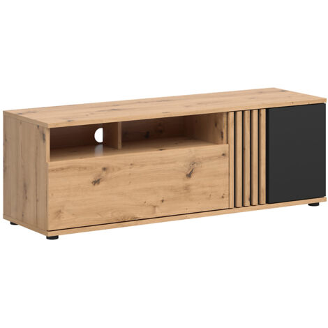 Meuble TV à 1 porte et tiroir avec décor lamelles,coloris Chêne artisan/Noir - Longueur 135,5 x Profondeur 40 x Hauteur 46,5 cm