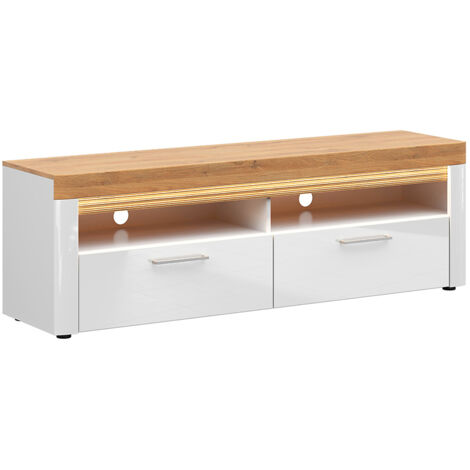 Meuble TV à 2 tiroirs avec éclairage LED coloris Chêne doré/Blanc haute brillance - Longueur 166 x Profondeur 42 x Hauteur 54 cm