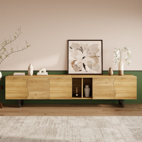 Meuble TV à Cinq Portes, Rangement Élégant et Moderne pour Salon, Conception Unique à Grande Capacité, Meuble Bas pour Téléviseur, Naturel, 191 x 38 x 46.5 cm