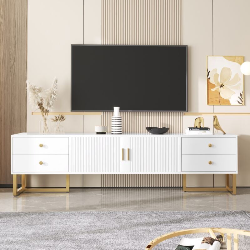 Meuble TV à panneau bas 175 cm avec 2 portes texturées sculptées et 4 tiroirs avec poignées et pieds dorés, adapté pour TV 80", 175 × 30 × 46 cm