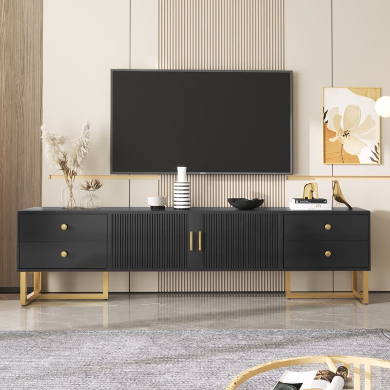 Eifson - Meuble tv 175 cm, avec 2 portes à texture sculptée et 4 tiroirs, poignées et pieds dorés, panneau bas, convient pour tv 80 pouces, 175x30x46