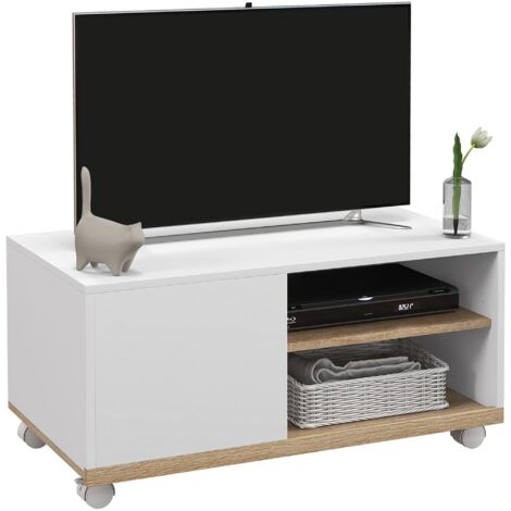Meuble TV à roulettes avec deux freins - 2 étagères + portes d'armoire avec 2 passe-câbles - chêne clair/blanc, convient pour le salon, la chambre.